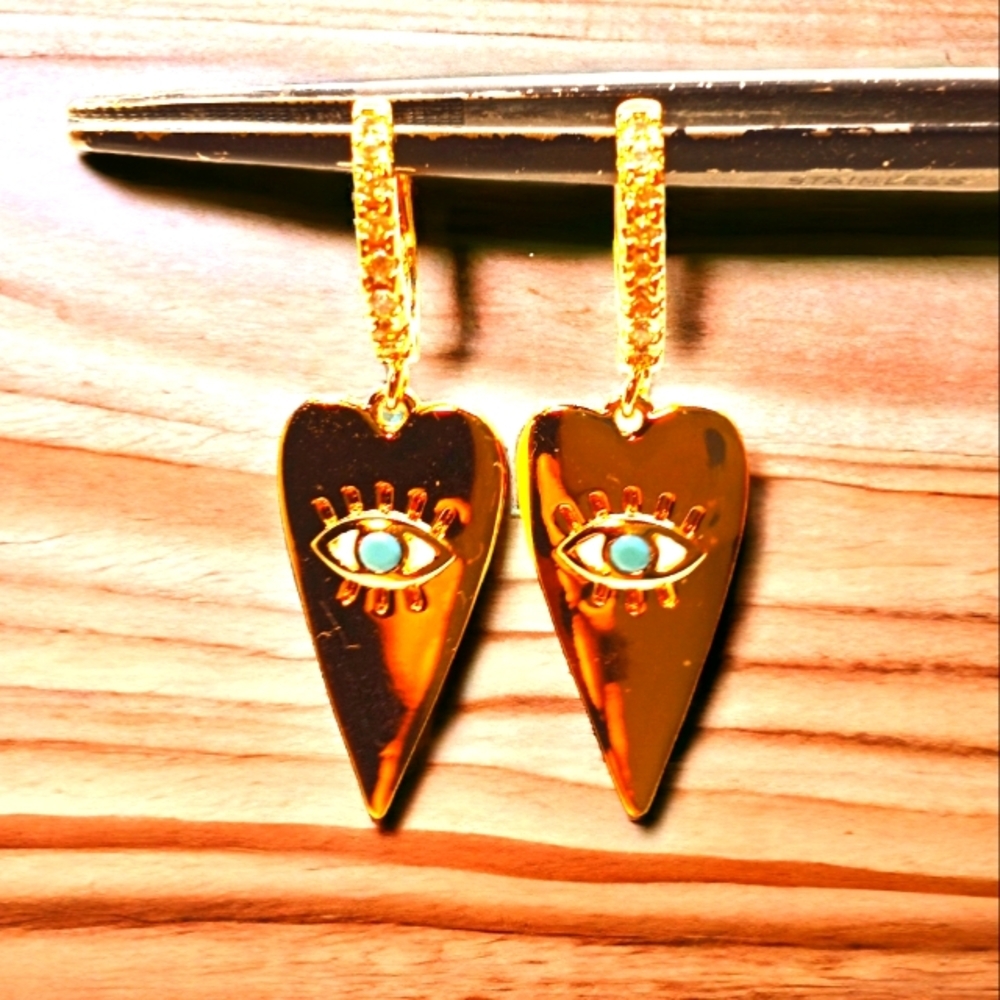 14K Gold Plated & CZ "Evil Eye" Huggie Hoop Earrings - Picture 2 of 5